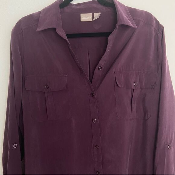 Chico’s Plum Button Down Shirt Long Sleeve with Roll Tab Women’s Size Large - Picture 12 of 14